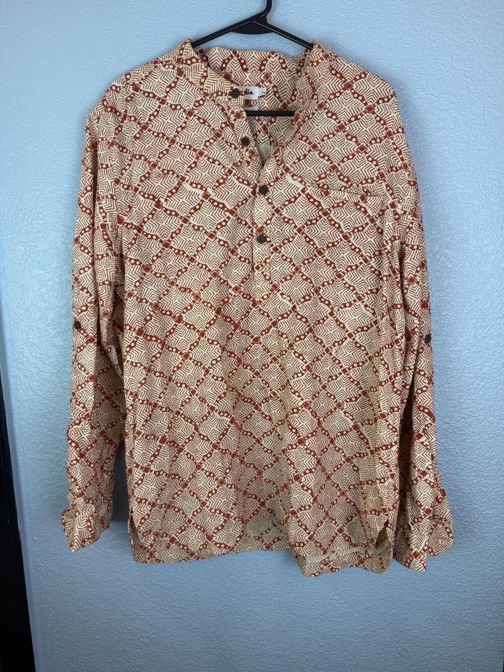 Fabindia Shirt Mens Large Red Ivory Slim Fit Cotton Long Sleeve Button Up India